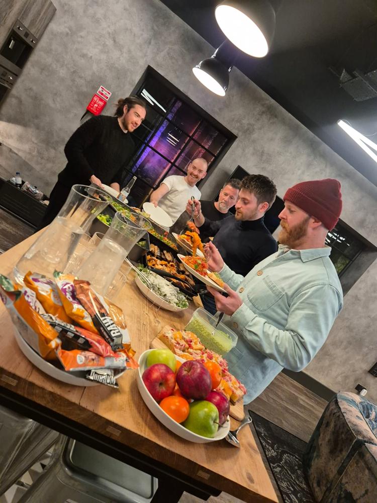 The Ramona Flowers band enjoying the catering provided by a private chef at a recording session in Bristol